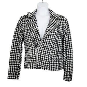 Lauren Ralph Lauren Womens Black White Houndstooth Lambswool Moto Jacket Size M